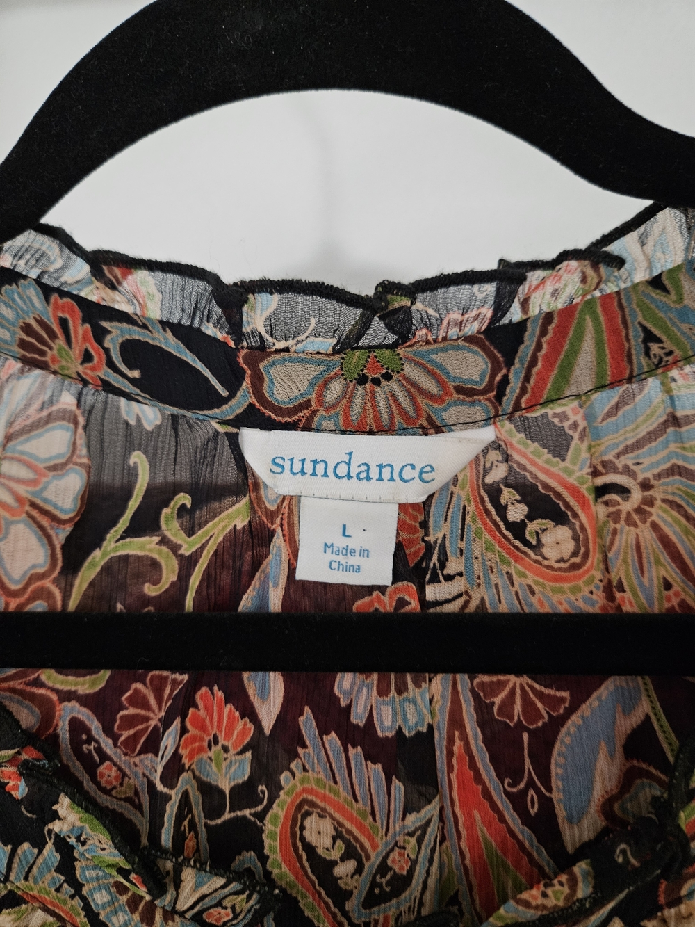 Sundance Black Floral Paisley Peasant Blouse with Tassel Tie - Picture 2 of 4